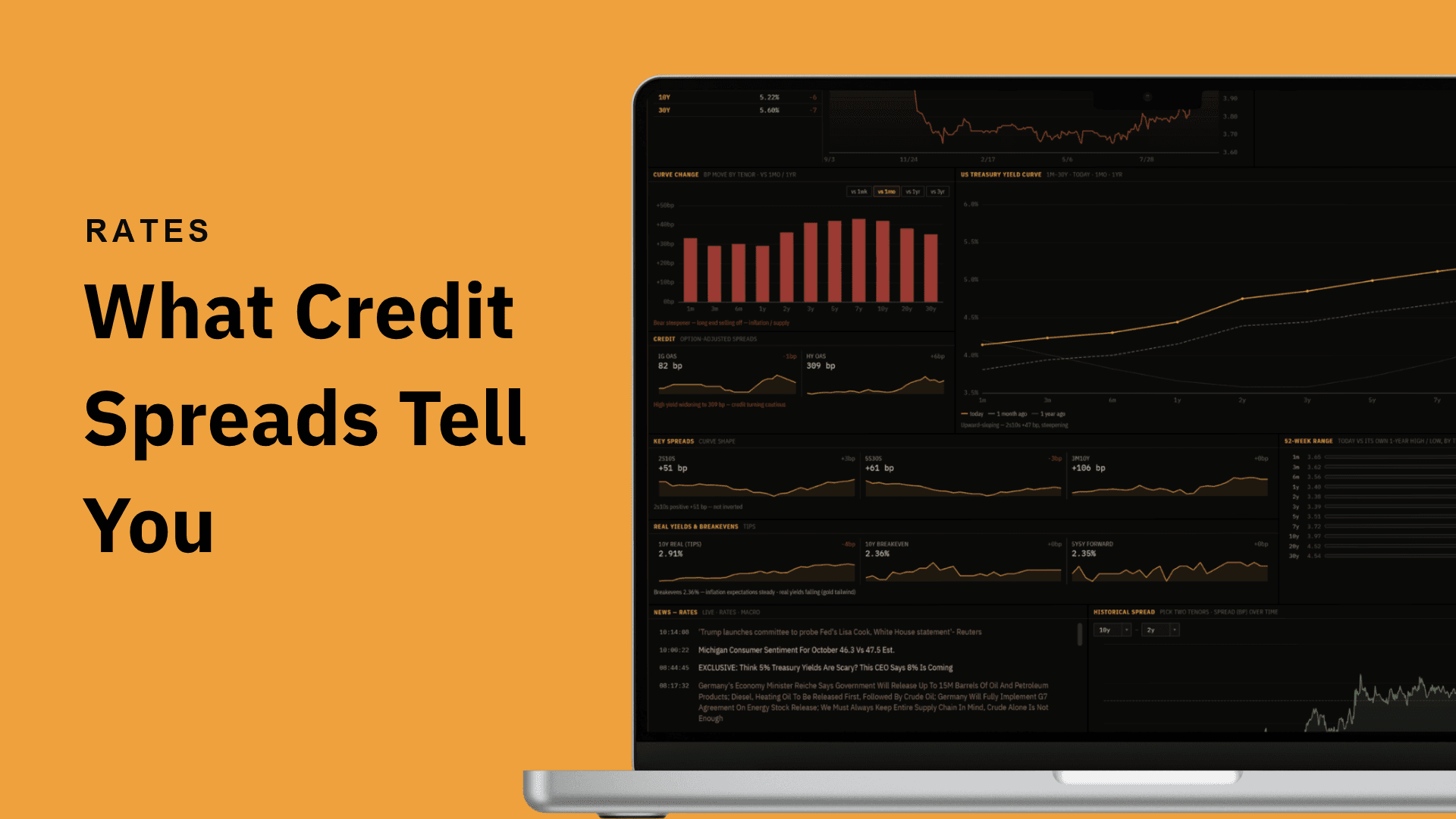 A laptop showing The Terminal's Rates panel credit block, beside the headline What Credit Spreads Tell You