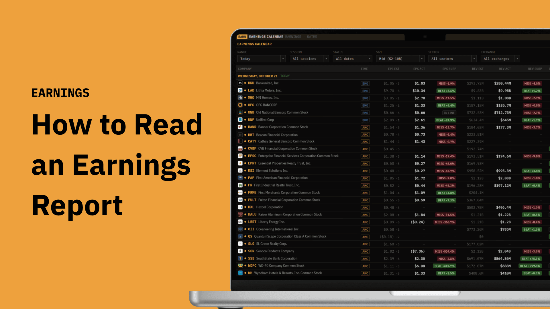 A laptop showing The Terminal's earnings calendar with EPS estimates, actuals, and surprises, beside the headline How to Read an Earnings Report