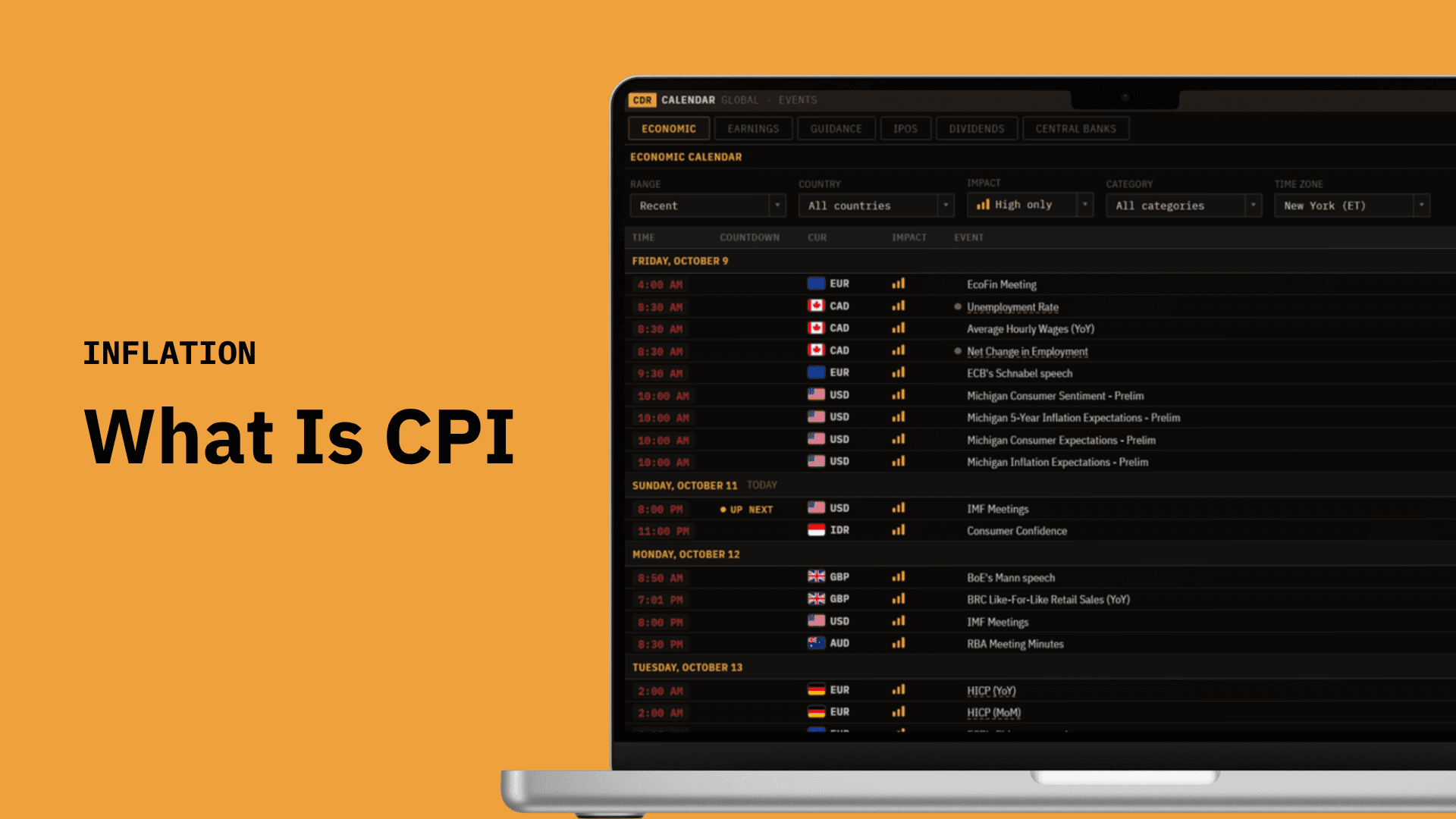 A laptop showing The Terminal's economic calendar with a CPI release, beside the headline What Is CPI