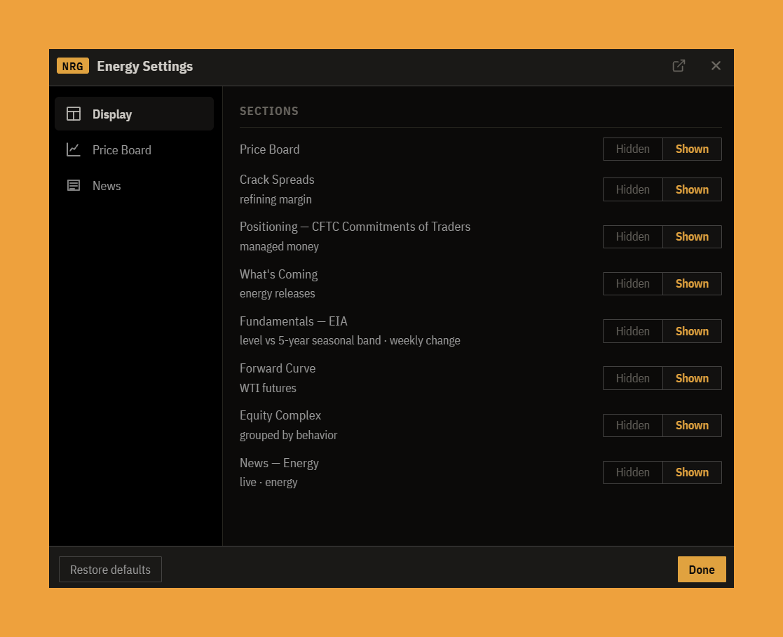 The Energy settings, Display tab: show or hide each section of the panel.
