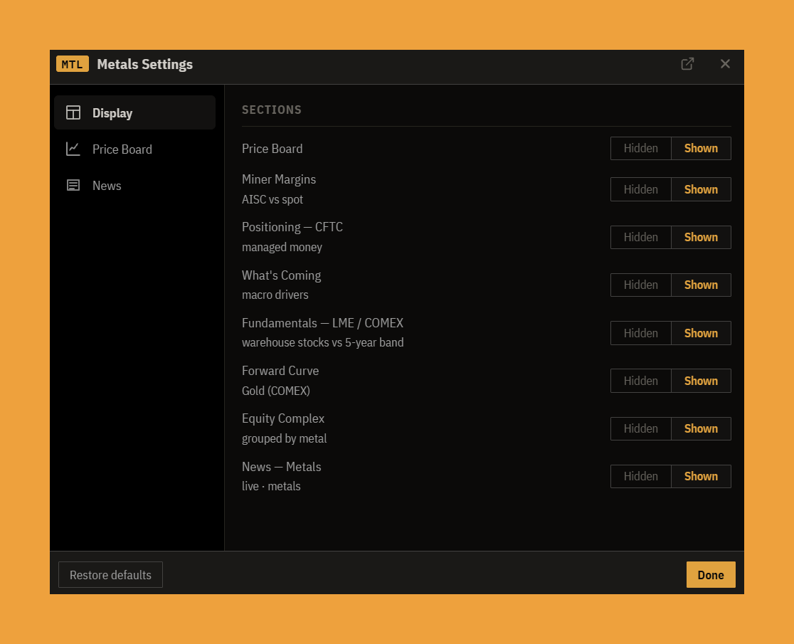The Metals settings, Display tab: show or hide each section of the panel.
