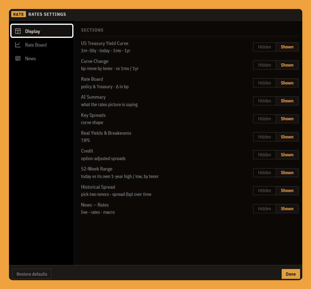 Rates settings, the Display tab: show or hide any section of the panel.