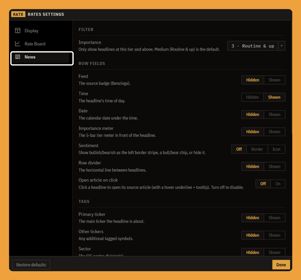 Rates settings, the News tab: filter by importance and choose what each headline row shows.