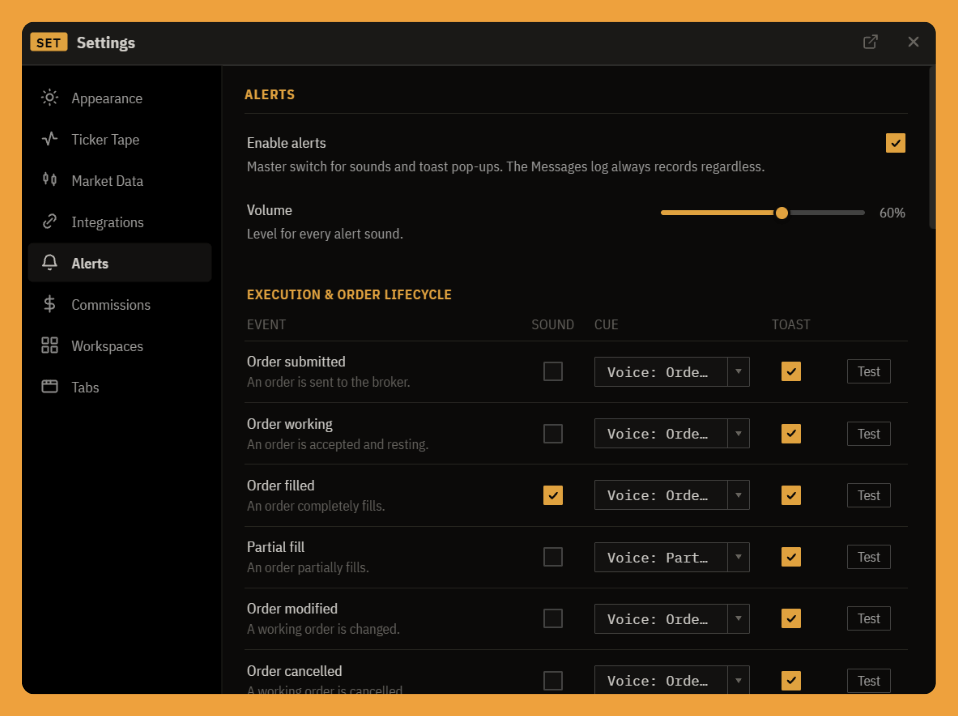 The Alerts tab: a master enable and volume slider, then a grouped table of events with a sound toggle, a cue picker, a toast toggle, and a Test button per row.