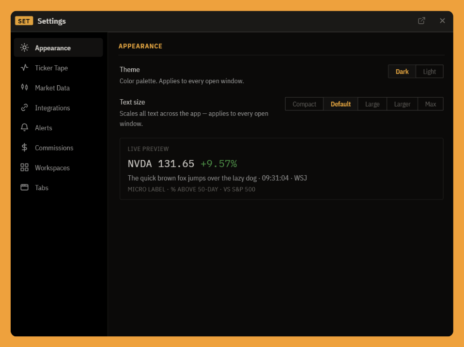 The Appearance tab: a Dark / Light theme toggle, a five-step text-size control, and a live preview that updates as you change them.