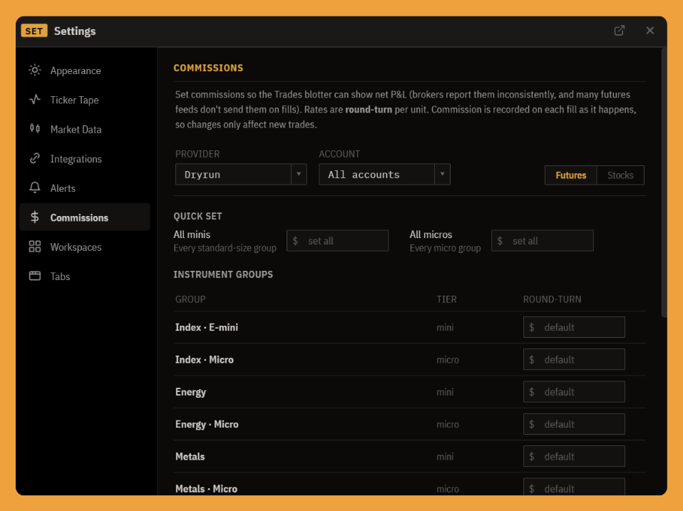 The Commissions tab: scoped by provider and account, a Futures / Stocks toggle, bulk-set fields, per-class groups, and per-symbol overrides.