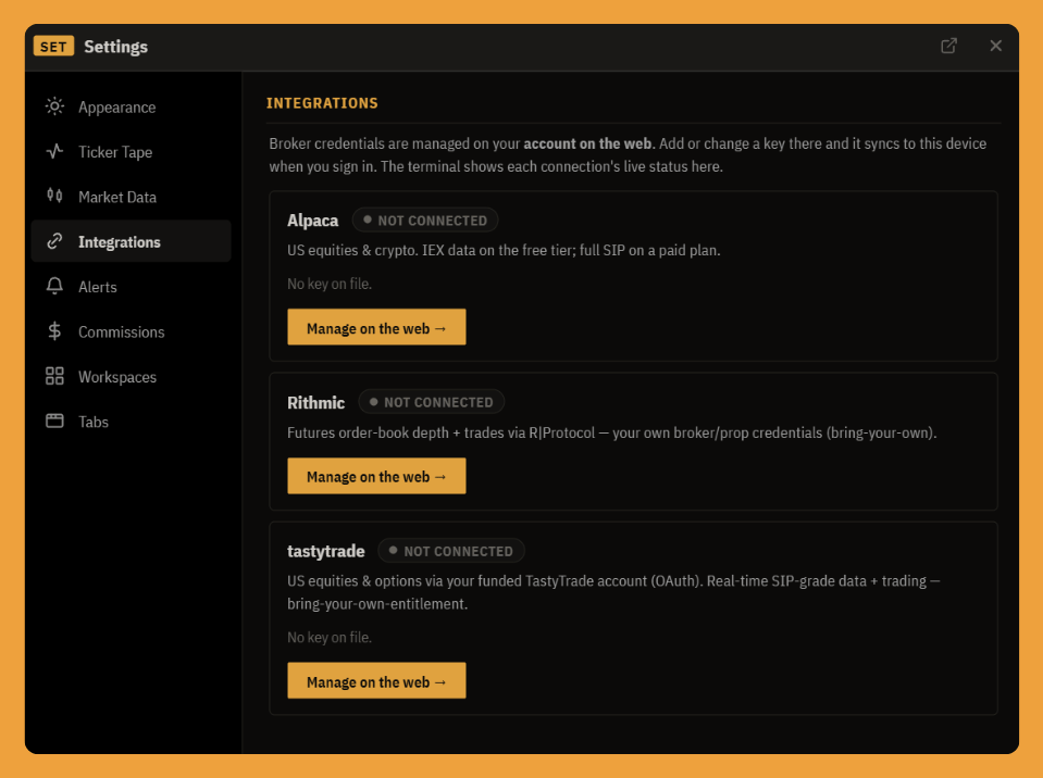 The Integrations tab: a card for each broker and data provider, Alpaca, Rithmic, and tastytrade, each showing what it carries, its connection status, whether a key is on file, and a "Manage on the web" button.