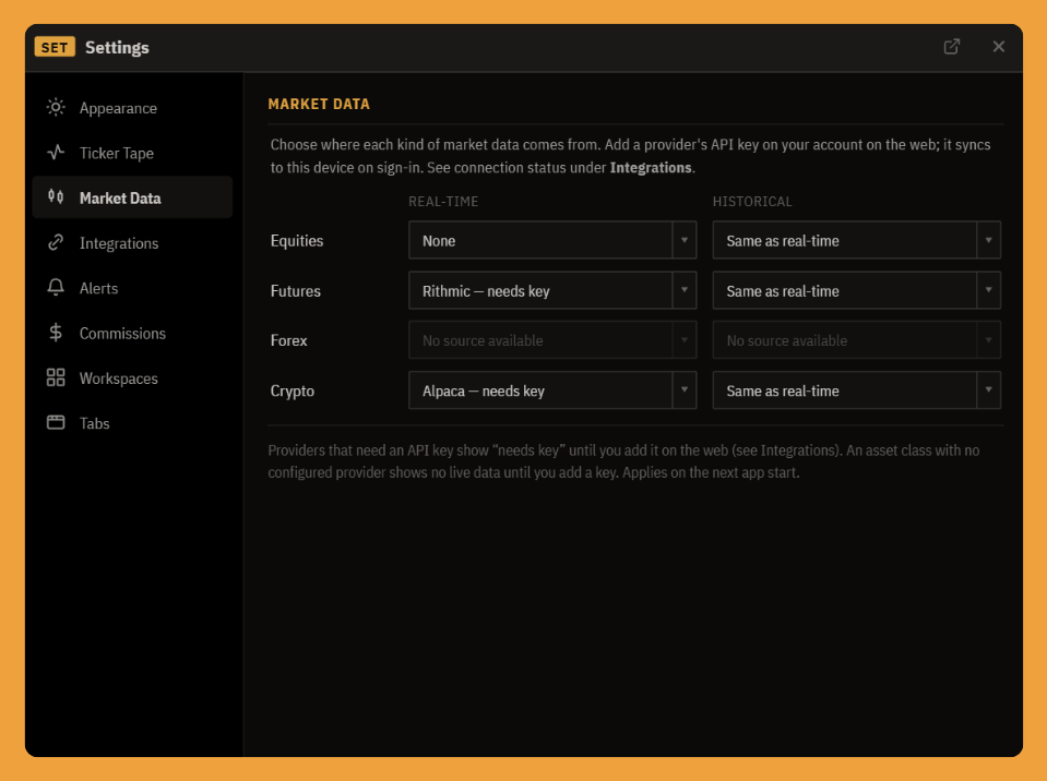 The Market Data tab: a real-time and a historical source dropdown for each asset class (Equities, Futures, Forex, Crypto).
