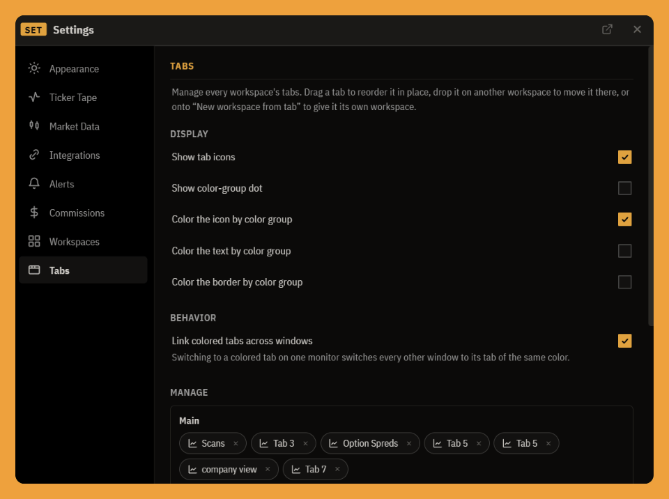 The Tabs tab: one card per workspace, its tabs shown as draggable pill badges that mirror the real bottom tab strip.