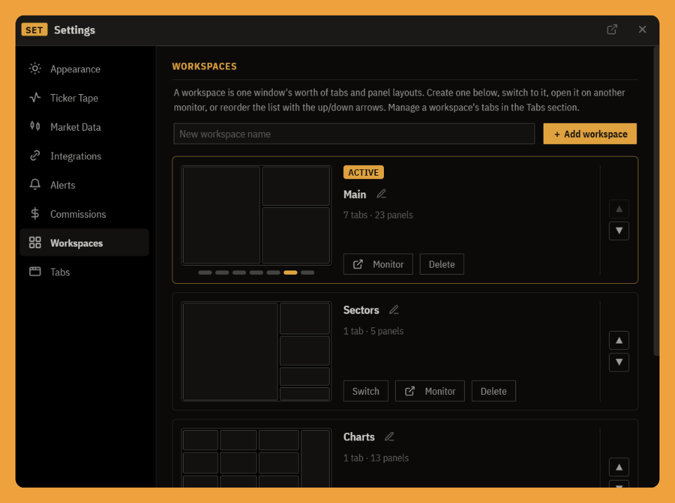 The Workspaces tab: create a workspace, then a card per workspace with a mini-map of its layout, a tab switcher, and reorder arrows.