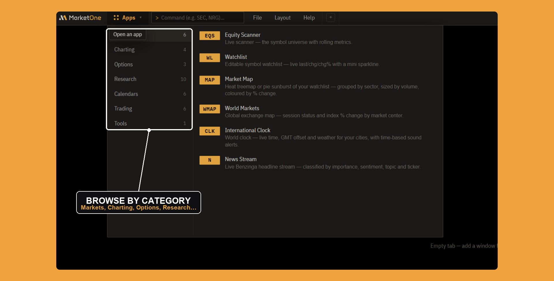 The Apps launcher: panels listed by category, each with its code and a one-line description.