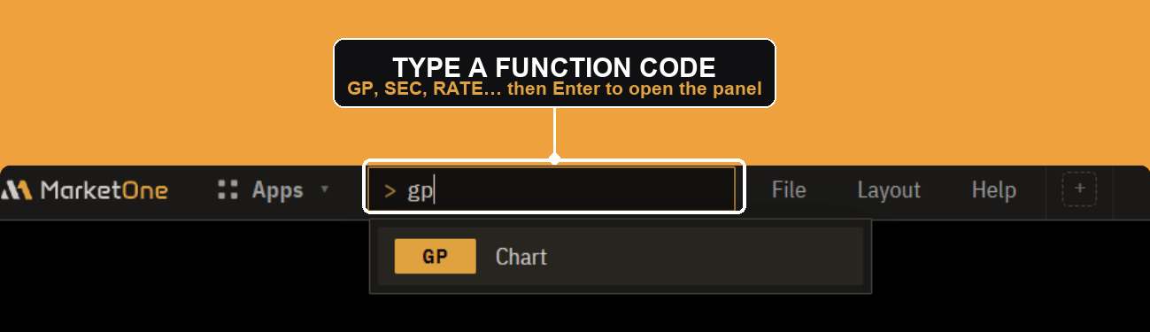 The command bar in the menu bar: typing a code shows the matching panel to open.