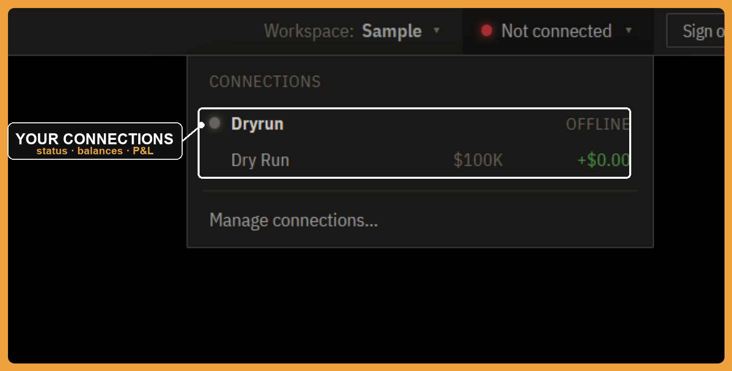 The connections menu: the Dryrun paper account with its balance and daily P&L, and Manage connections.
