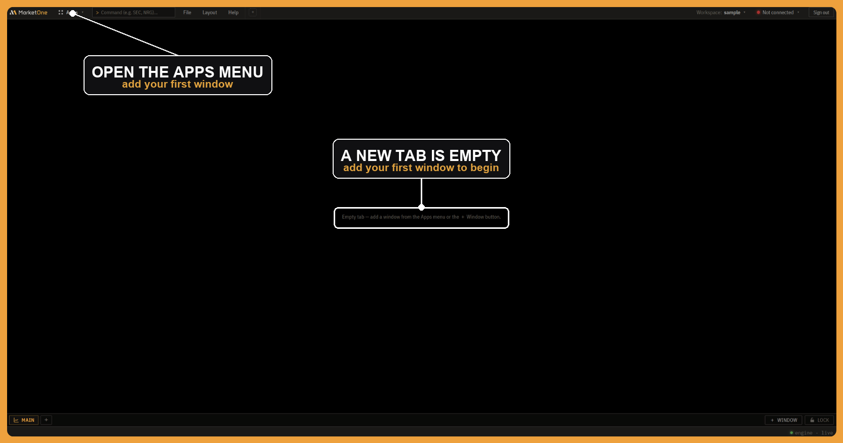 An empty tab in The Terminal, with the hint that a new tab starts blank and the + Window button in the bottom bar.
