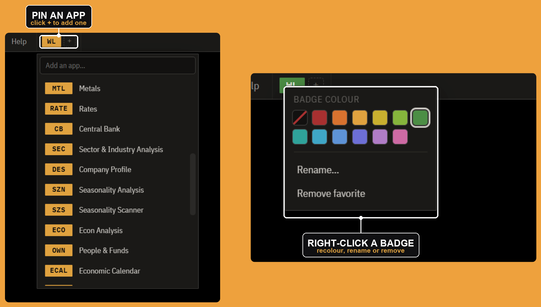 The favorites picker and a badge's right-click menu: pin an app as a badge, then recolor, rename, or remove it.