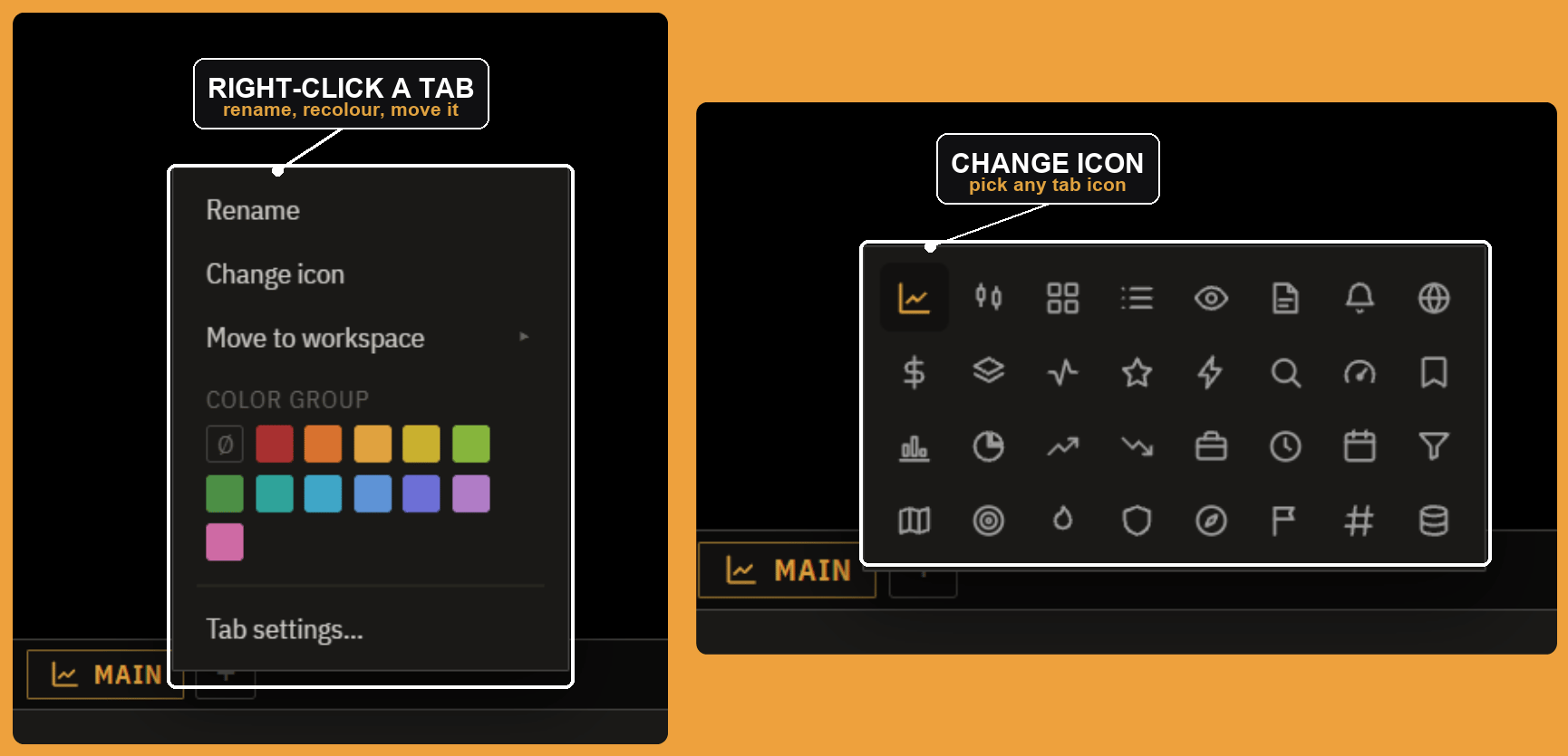 The tab right-click menu: rename, change icon, move to workspace, color group, and tab settings, plus the icon picker.